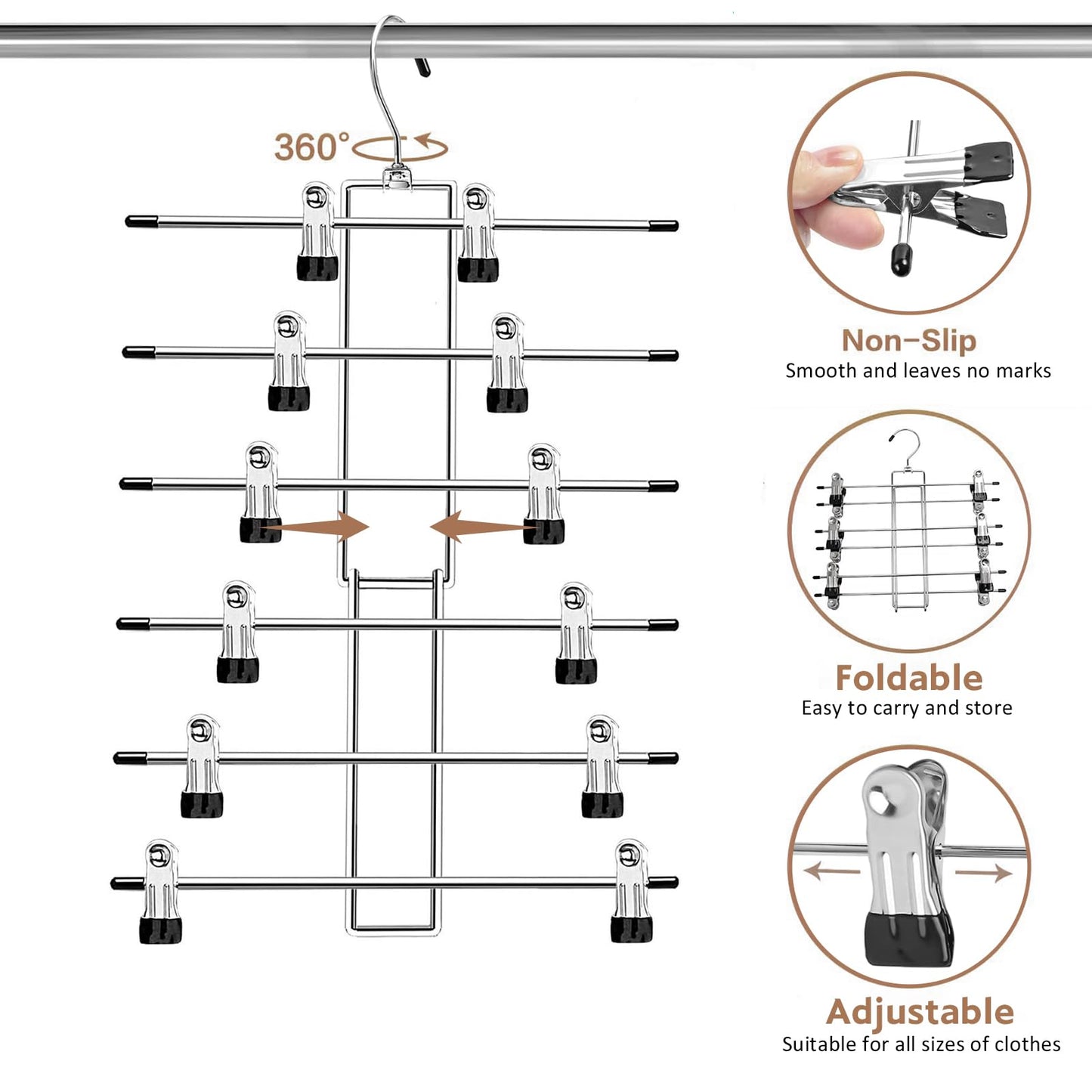 Pants Hangers with Clips,Space Saving Hanging Closet Organizer-6 Tiers Skirt Hangers with 360° Swivel Hook,Closet Organizer-Clothes Hangers- College Dorm Essentials Apartment Essentials-2 Pack