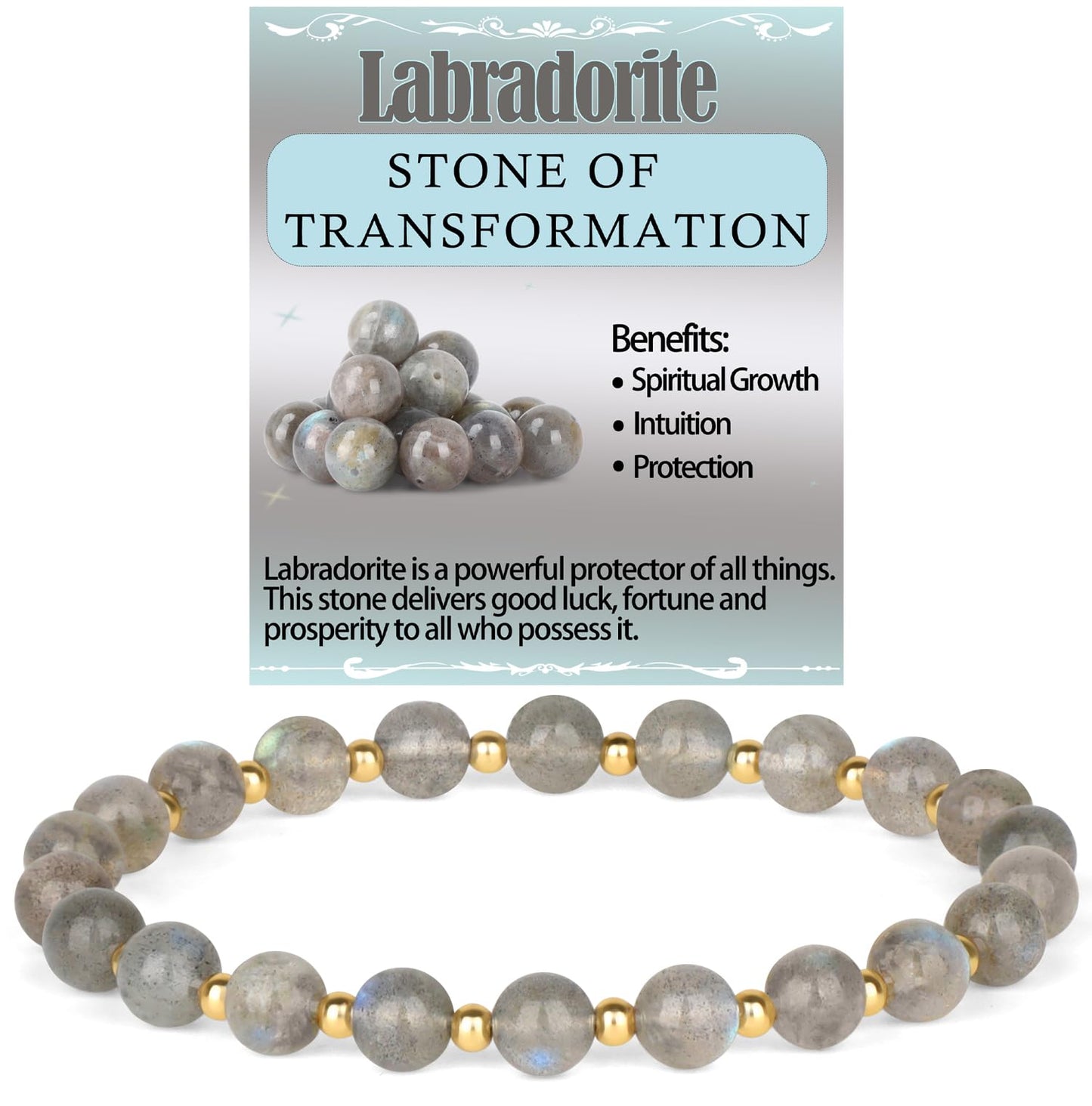 QOGIR Labradorite - Stone of Transformation - 14K Gold Plated Beads Natural Gemstone Stretch Elastic Dainty Healing Beaded Bracelets Gifts 6mm