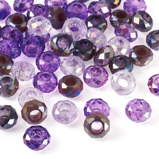 Craftdady 50Pcs Large Hole European Beads Glass Faceted Crystal Bead AB Color Rondelle Loose Bead Purple Color Theme Beads for Crafts DIY Necklace Bracelet Jewelry Making Hole: 5.5-6mm