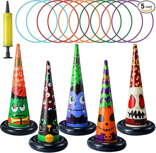 Capoda 16 Pcs Halloween Party Games Toys Inflatable Witch Hat Ring Toss Game with Plastic Toss Rings and Pump Halloween Indoor Outdoor Garden Game Supplies for Trick or Treat Family Games Decorations