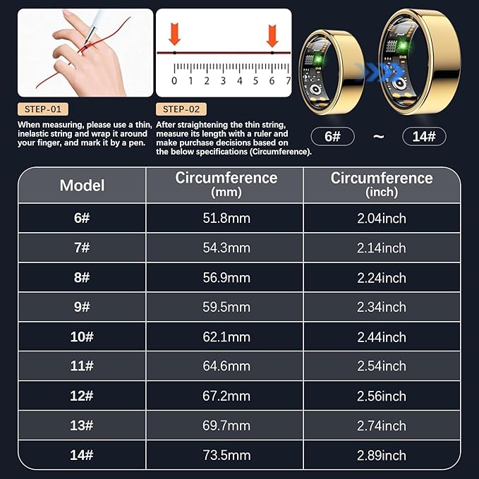 Smart Health Ring for Women Men, Fitness Tracker Ring with Heart Rate, Blood Oxygen, Sleep Tracker, Step Tracker, No Subscription Fee, IP68 Waterproof Smart Ring for iPhone & Android (Gold, 14#)