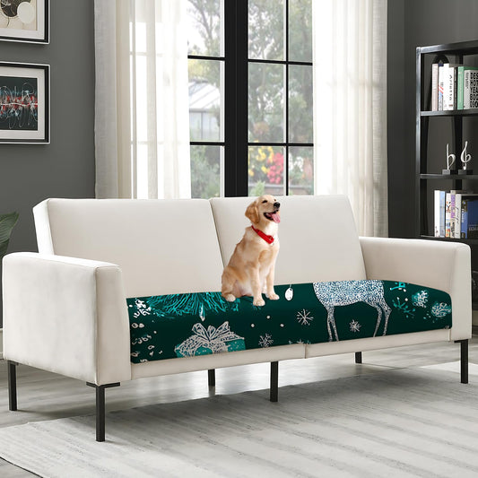 LEIWEIHOPE Forest Christmas Seat Cushion Cover, Deep Green Holiday Sofa Cushion Slipcover with Gift & Winter Deer Pattern, Stretch Couch Seat Protector with Elastic Bottom, Furniture Cover,Medium