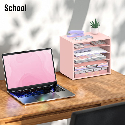 SHARKWOODS 5-Tier Wood Desk Organizer, Paper Tray Organizer for Desk with Adjustable Storage Shelves, Desktop File Organization Paper Sorter Mail Holder for Office Home Classroom, Pink