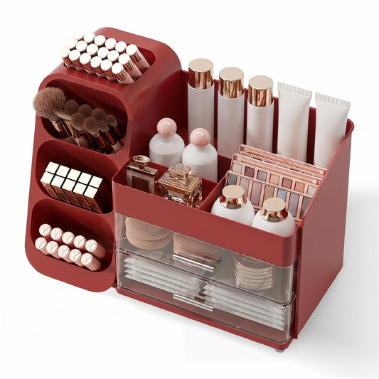 Booklov Makeup Organizer for Vanity, Large Capacity Cosmetic Display Case with Clear Acrylic Drawers, Countertop Beauty Storage Holder for Skincare, Brush Eyeshadow Lipstick, Counter Desk, Crystal Red