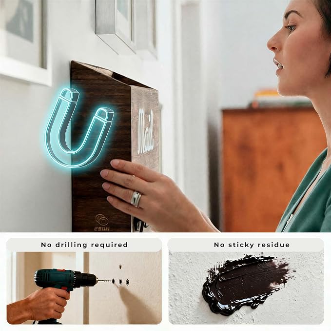 eBun Narrow Wood Mail Holder with 6 Key Hooks | Wall Mount, No-Drill Magnetic, Vertical Mail Slot, Entryway Decor