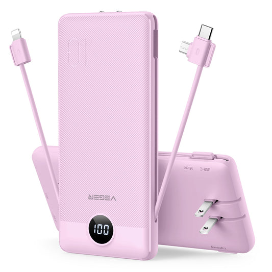 VEGER Portable Charger with Built-in AC Plug and Cables, All in One 10000mAh Ultra Slim Power Bank Travel Essentials, Fast Charging Battery Pack Compatible with iPhone, Samsung, Android (Purple)