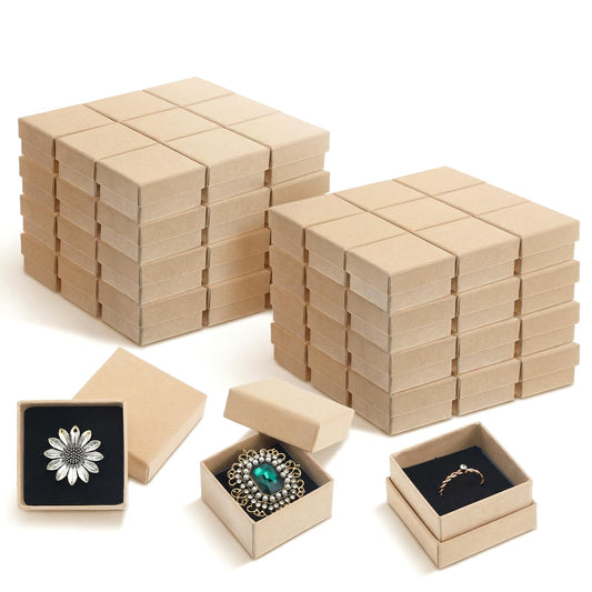 Kegeeei 60 Pack Cardboard Ring Boxes, 2 x 2 x 1.26 Inch Square Jewelry Gift Boxes With Foam, Bulk Mini Earring Packaging For Weddings, Birthdays, and Retail Display, Brown