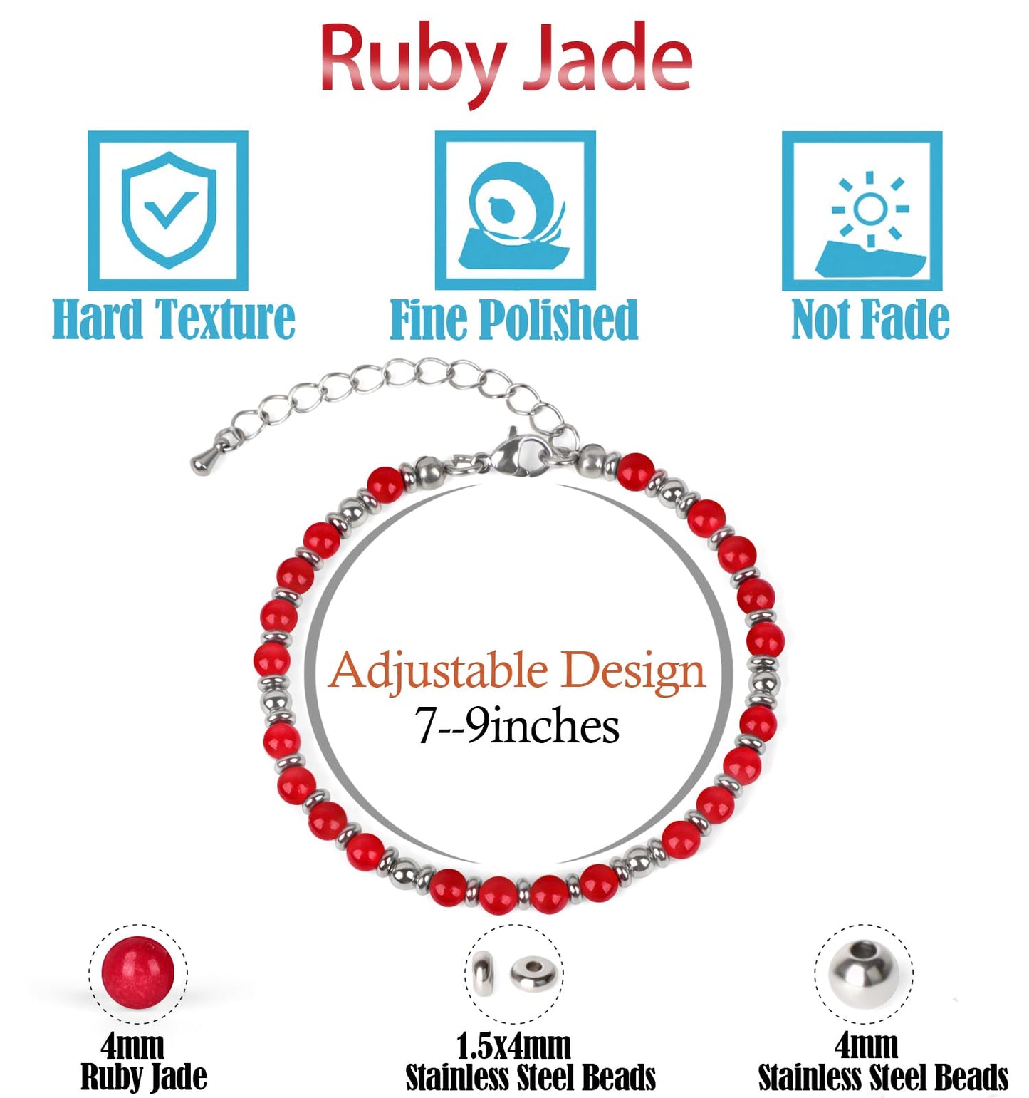 LPBeads 4mm Ruby Jade Tiny Beaded Bracelets For Women, Energy Gem Charm Jewelry Adjustable Bracelet Gifts for Mom, Daughter, Wife, Coworkers, Friends, Bestie