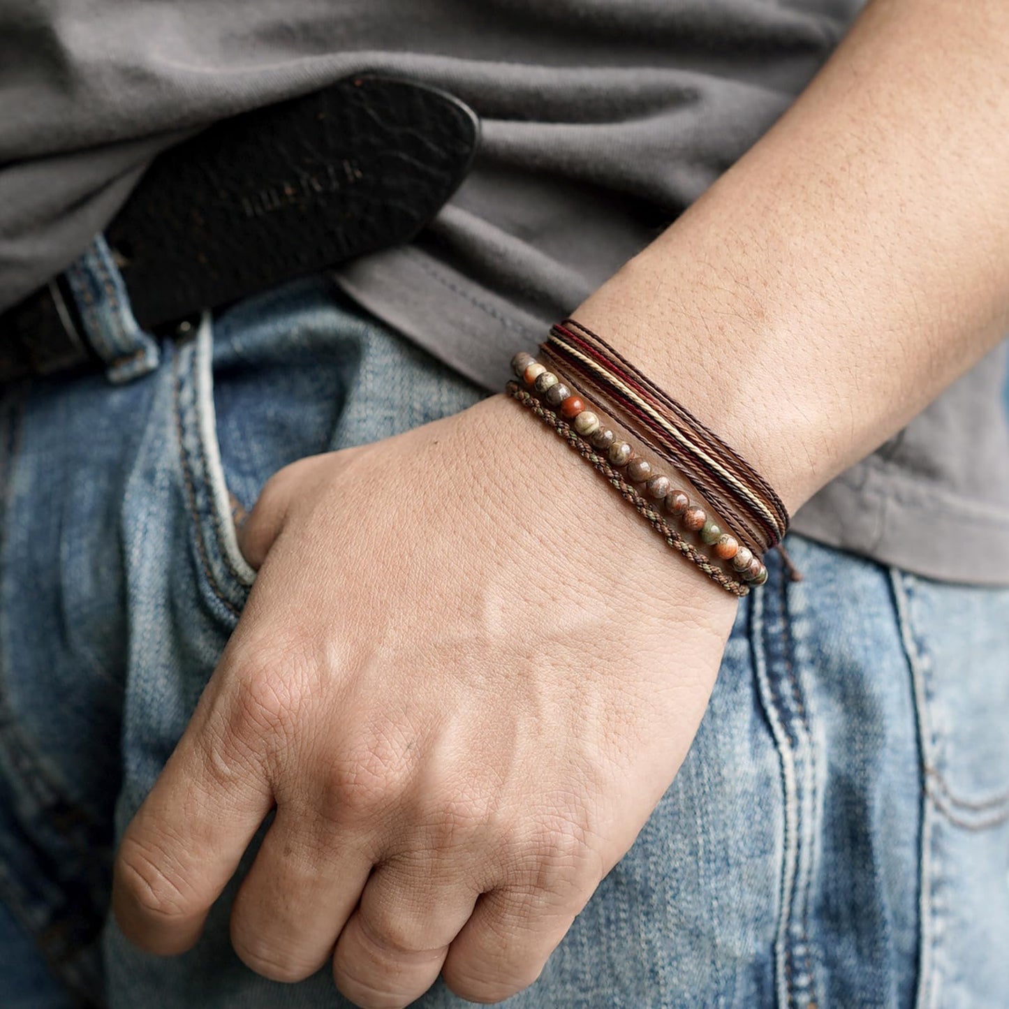 Handmade Natural Stone Beaded Healing Bracelet Gift for Men Adjustable Rope String Bracelet (Flower-Agate, Adjustable)