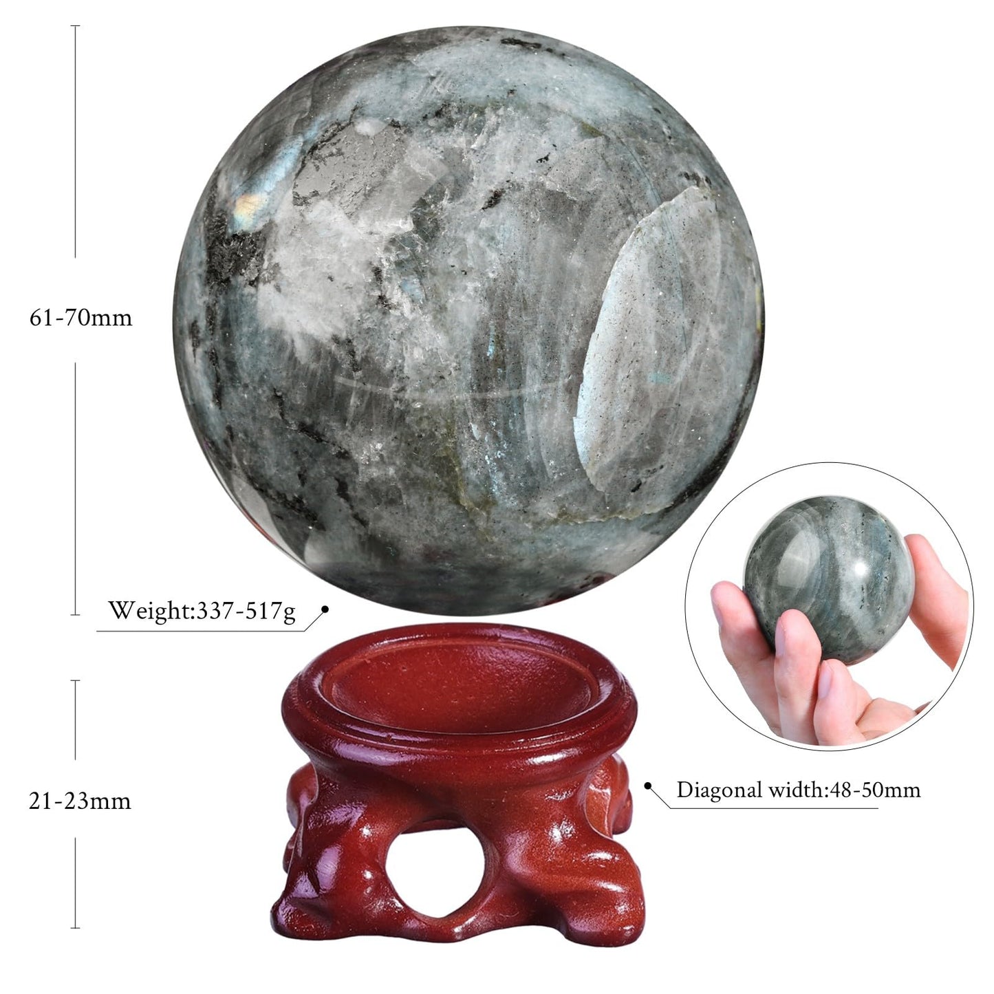 Nupuyai Natural Moonstone Crystal Ball with Resin Stand, Healing Crystal Sphere for Home Decor 2.4"-2.76"(61mm-70mm)