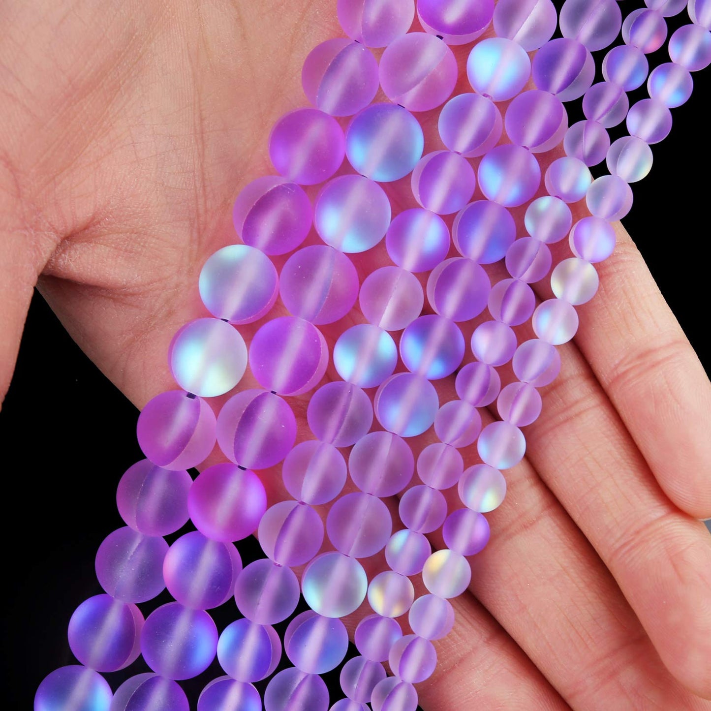 Matte Purple Aurora Crystal Glass Beads, 10MM Frosted Glitter Shining Mermaid Round Loose Beads, Rainbow Holographic Synthetic Moonstone for Jewelry Making DIY Bracelet