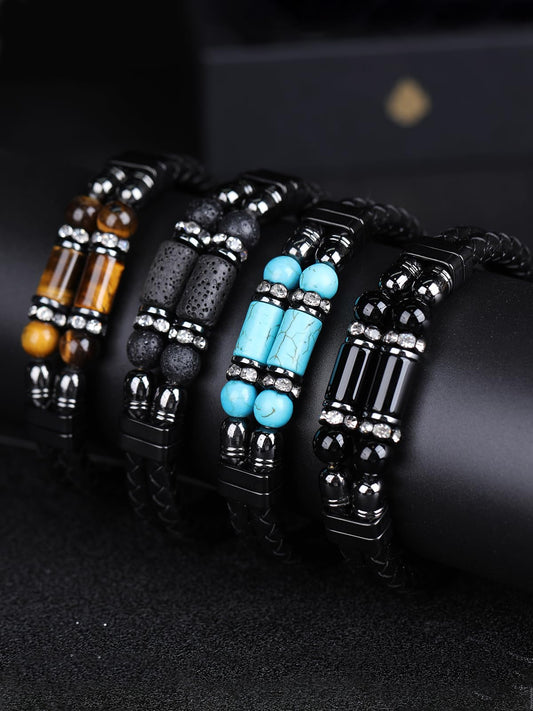 Mrcaois Mens Leather Turquoise Stone Bracelet–8.5" Braided Multi‑Layer Stainless Steel Clasp Leather Bracelets Jewelry Box and Pouch Packing
