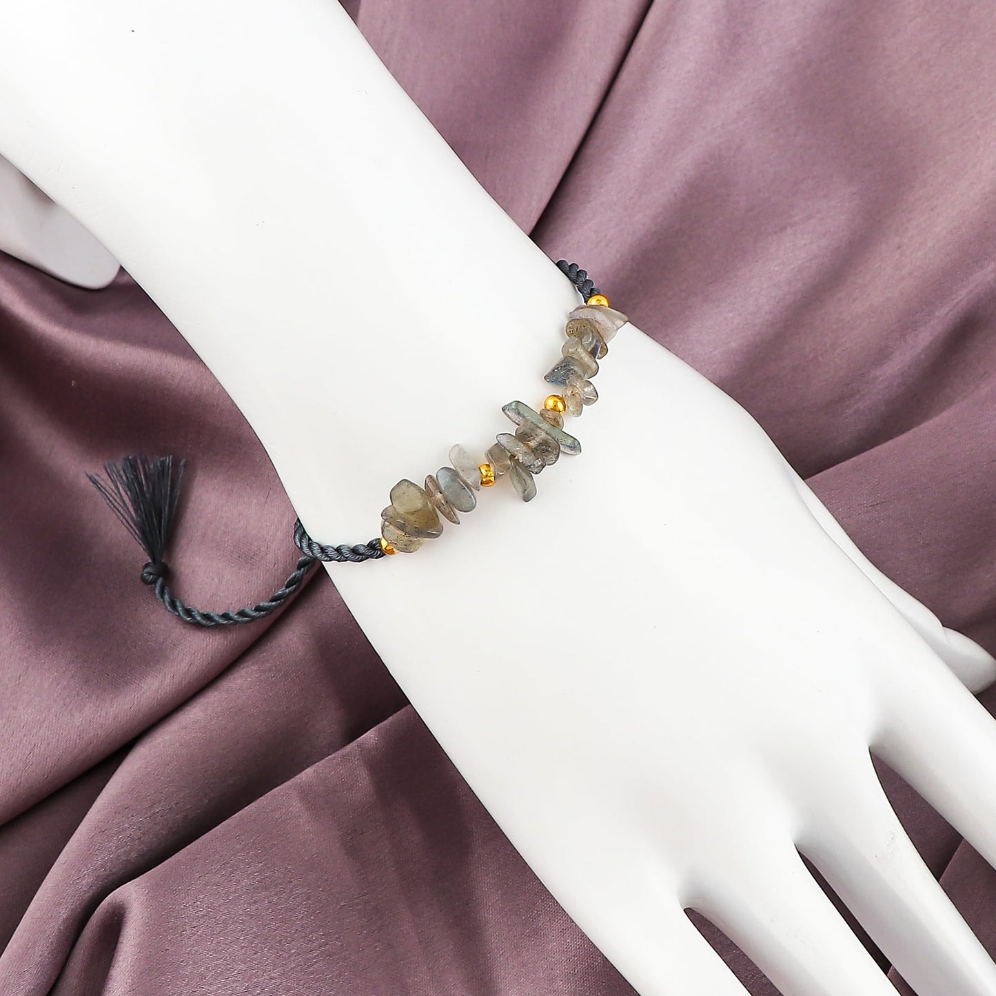 GEMSYMPHONY Labarodite Gemstone Chips Rope Bracelet – Adjustable Handmade Crystal Chip Bead Bracelet for Women & Men, Natural Stone Healing Jewelry, Boho Style, Unisex Spiritual Gift (Labarodite)