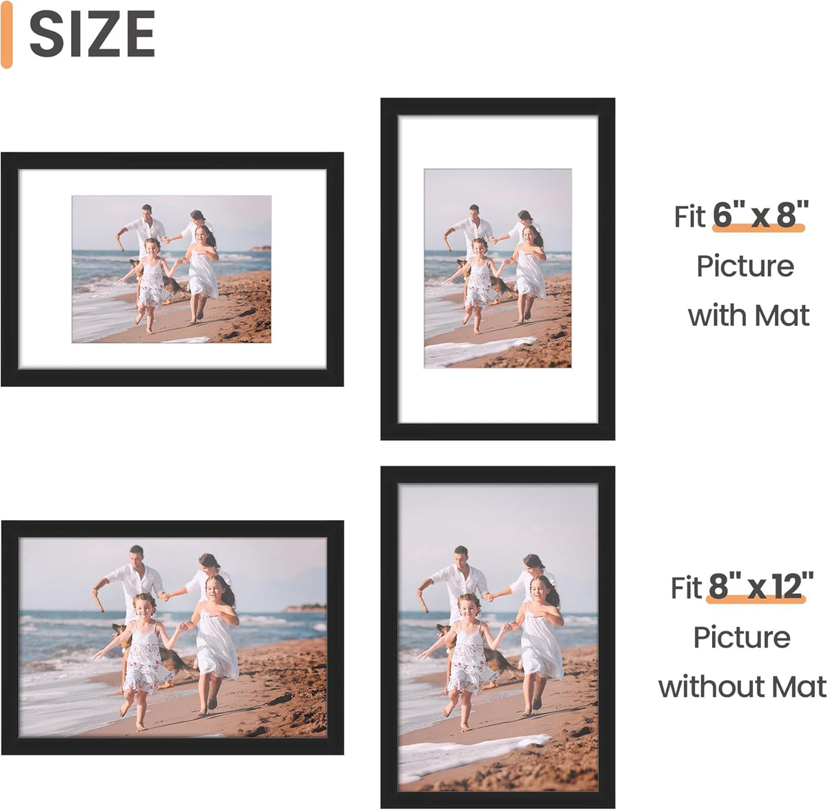 Upsimples 8x12 Picture Frame - Versatile Display for 6x8 Photos with Mat or 8x12 Without - Black, 1 Pack