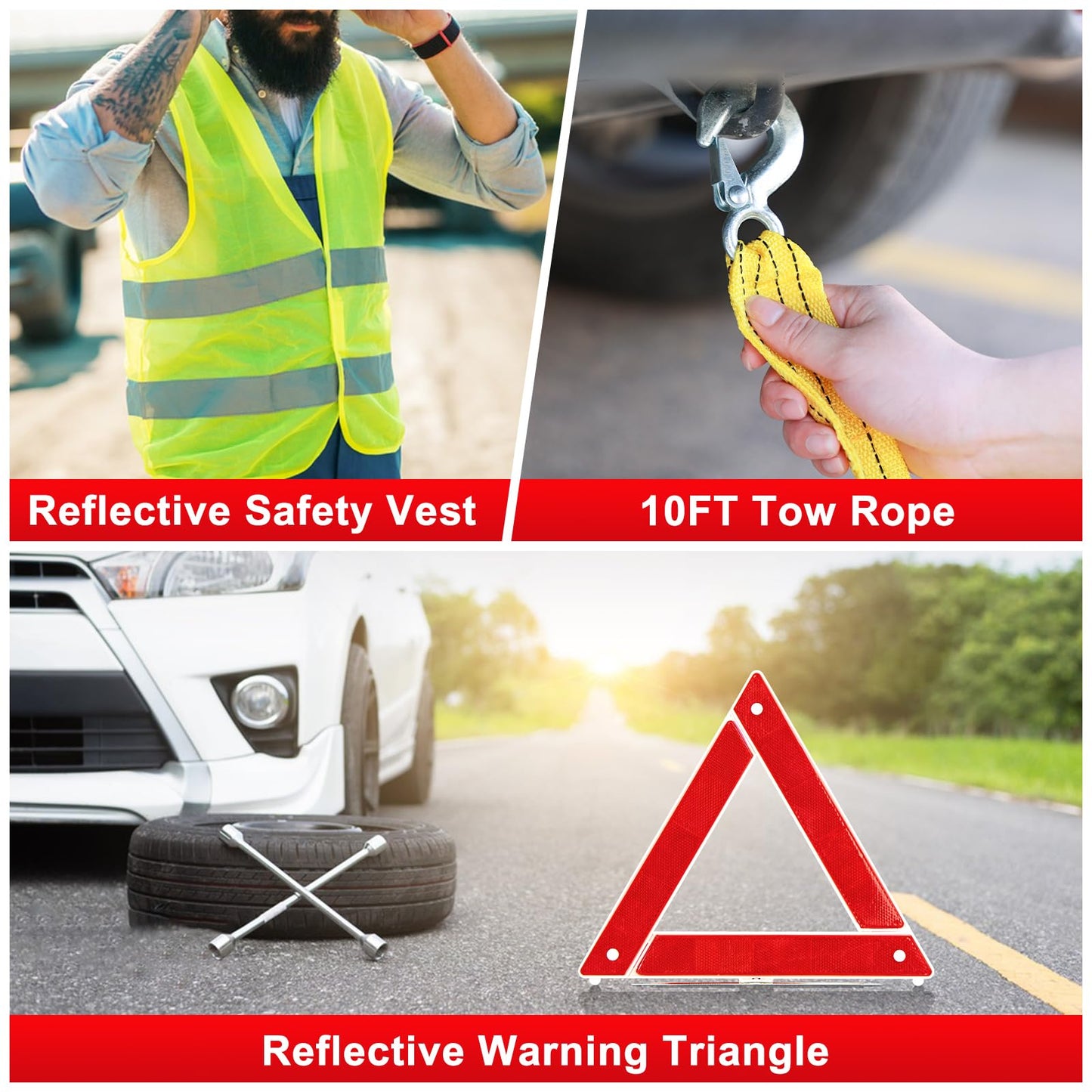 YJUSMAK Car Roadside Emergency Kit - Car Emergency Kit with Jumper Cables, Tow Rope, Folding Shovel, Safety Hammer, Reflective Warning Triangle, Car Safety Kits for Men, Women, Teenagers