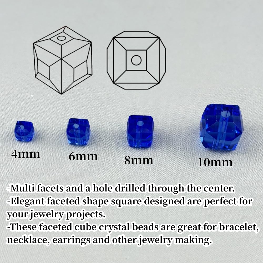 YUEXIGO 100pcs 6mm Cube Crystal Glass Beads for Jewelry Making Faceted Square Crystal Glass Bead Spacer Beads Loose Beads for Bracelet Earring Necklace DIY Craft(Blue)