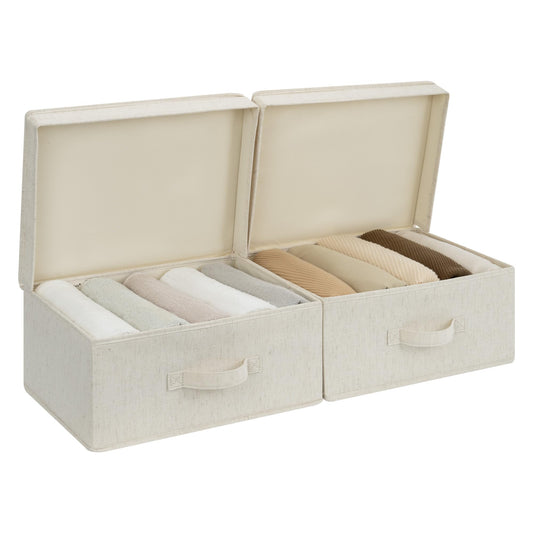 StorageWorks Storage Bins with Lid, Decorative Fabric Storage Bins with Handles, Stackable Closet Organizers for Shelves and Bedroom, Small, Beige(Natural Fabric), 2-Pack