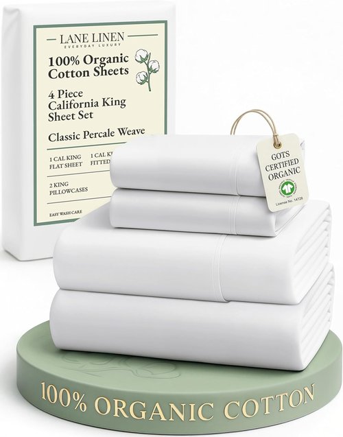LANE LINEN California King Sheets Set - 100% Organic Cotton, Ultra Soft 4-Piece Bedding | White, Fits Mattresses Up to 15" Deep