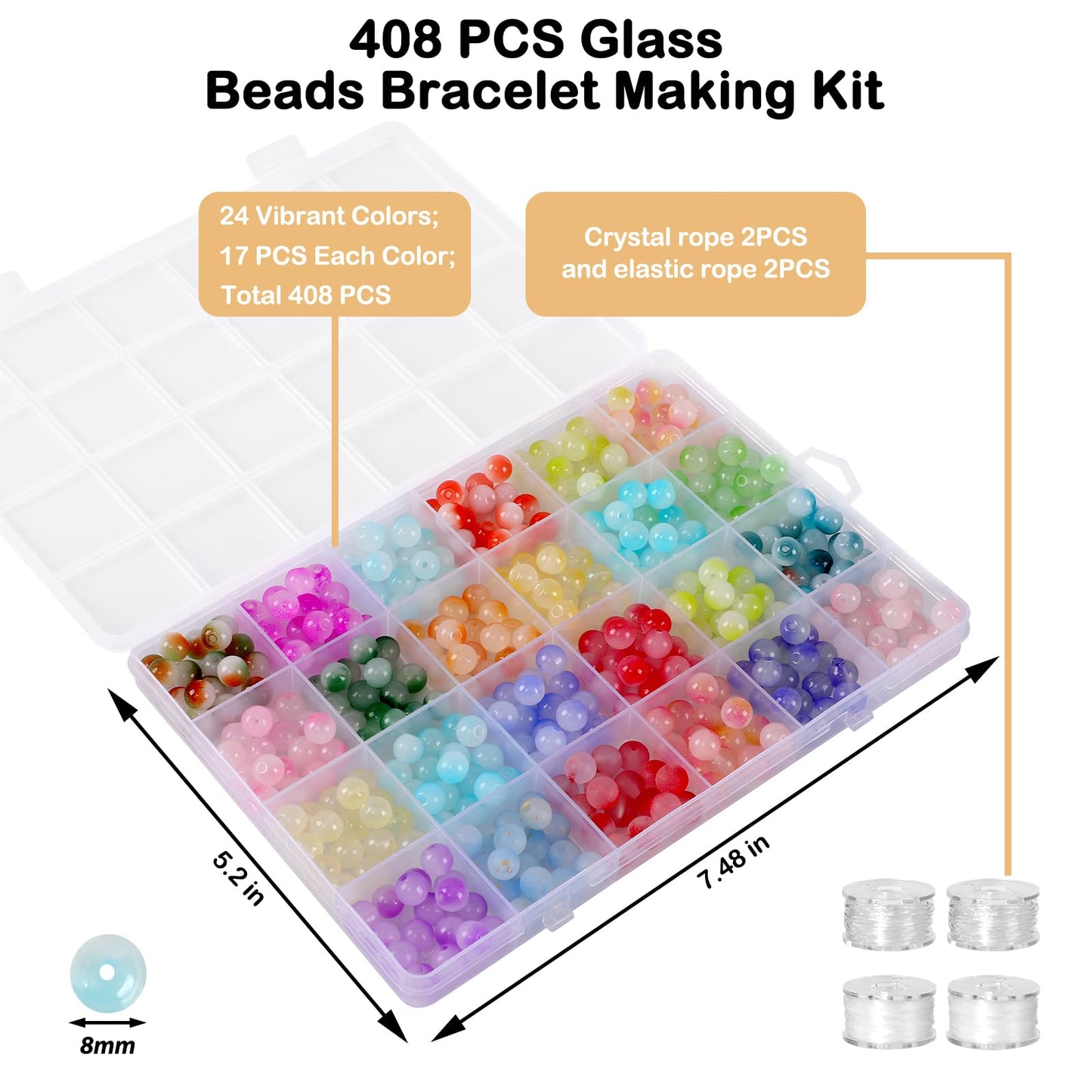 408 Pcs 8mm Glass Beads for Jewelry Making, 24 Colors Crystal Beads Bracelet Making Kit for DIY Crafts
