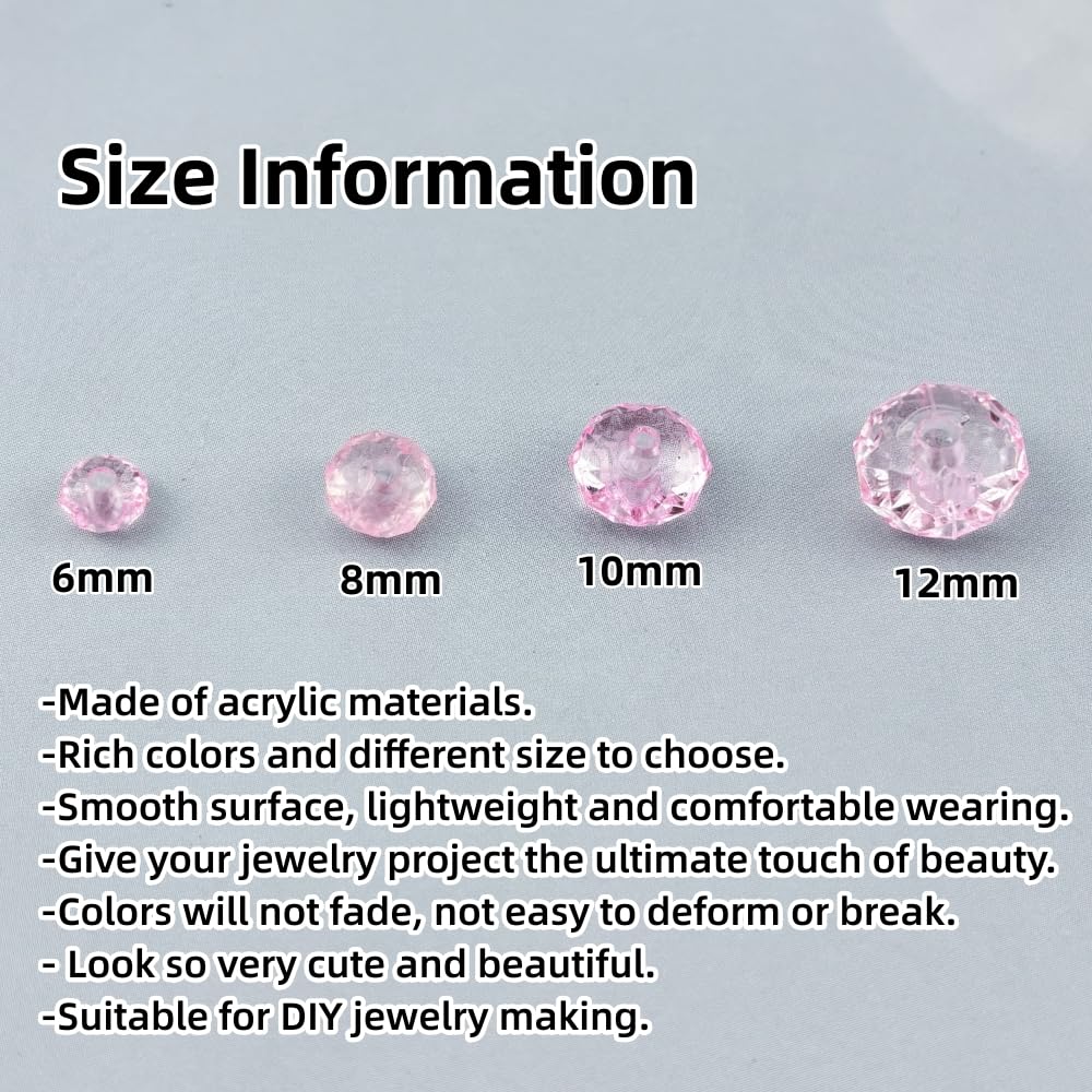 YHYPOCI 200pcs 10mm Acrylic Crystal Beads, Faceted Rondelle Acrylic Spacer Beads for Wind Chimes Bracelet Necklace Earring Keychain Jewelry Making DIY Crafts(Pink)