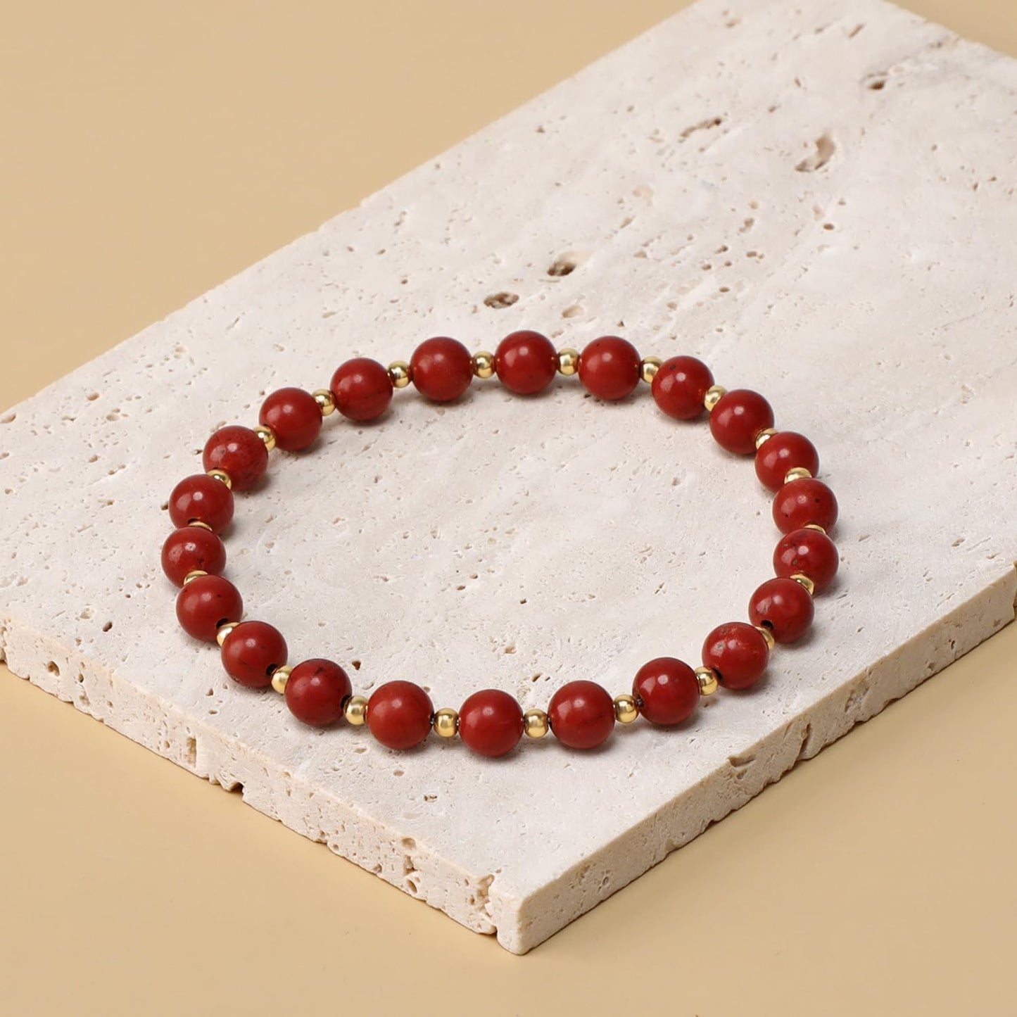 QOGIR Red Jasper - Zen Stone - 14K Gold Plated Beads Natural Gemstone Stretch Elastic Dainty Healing Beaded Bracelets Gifts 6mm