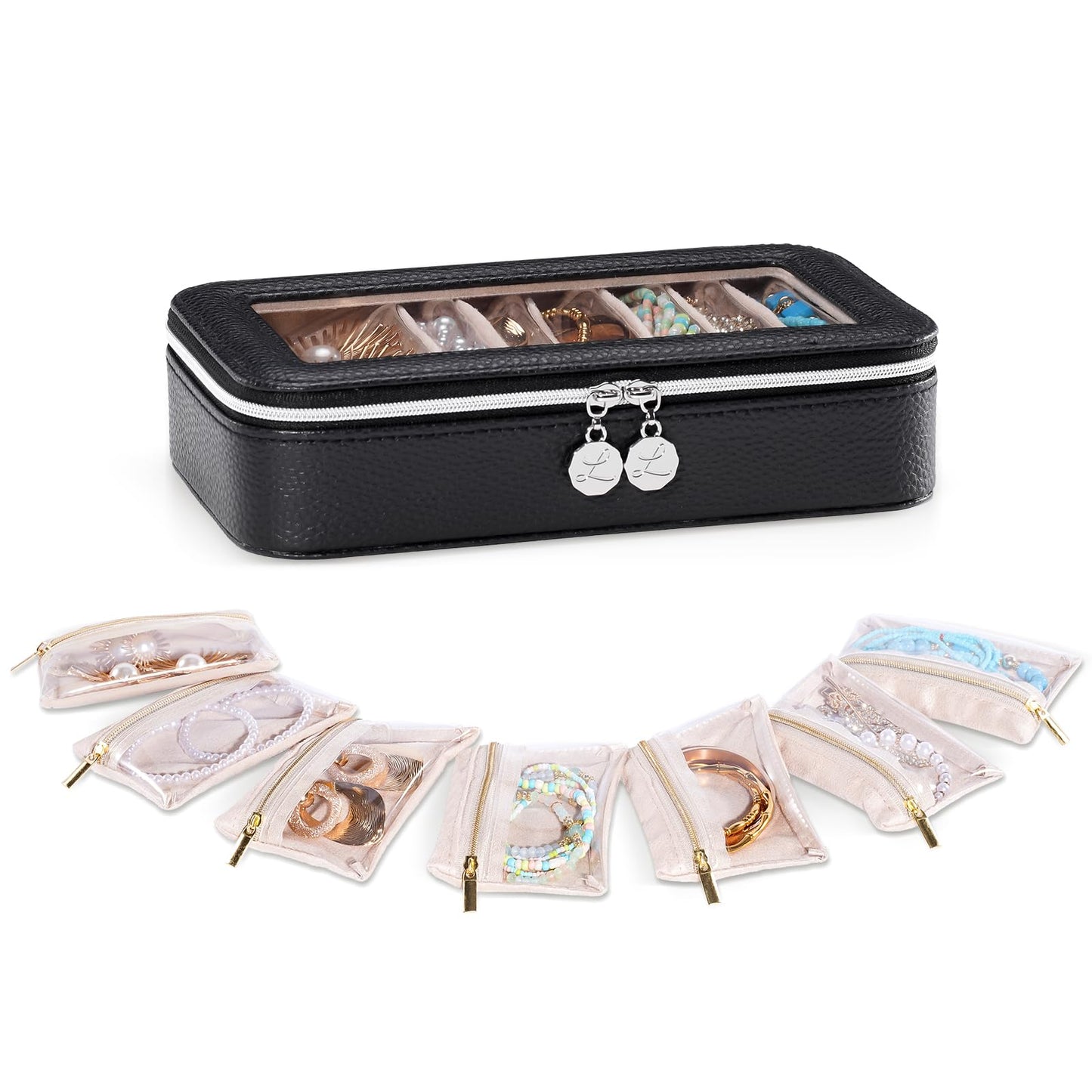 Lolalet 8 in 1 Travel Jewelry Case with Velvet Pouches, Clear Window Travel Jewelry Organizer Bags for Earrings, Bracelets, Necklaces and Rings, Compact Jewelry Storage for Women Girls- Black, 7PCS