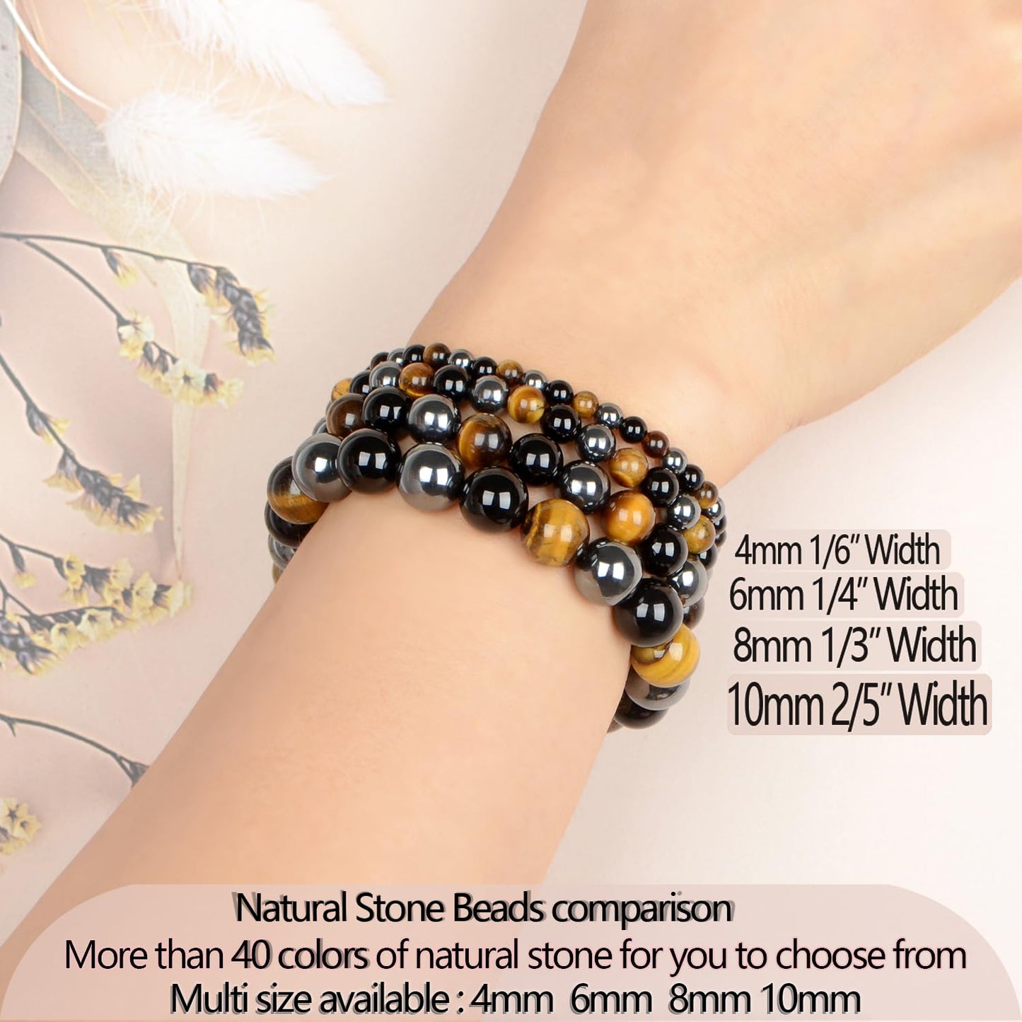LPBeads Handmade Natural Gemstone Stretch Elastic 10mm Onyx Tiger Hematite Mixed Stone Bracelet Healing Crystal Round Stone Beads Jewelry Gifts for Women Men