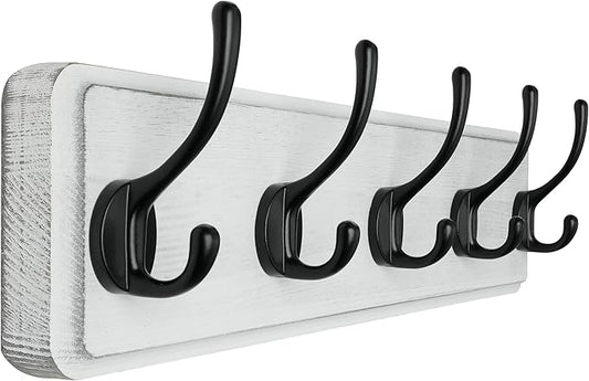 SKOLOO Rustic Wall Mounted Coat Rack, Pine Solid Wood Coat Hook Hanger - 5 Hooks for Hanging Clothes Robes Towels Coats