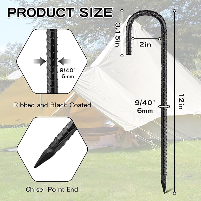 Black Rebar Stakes 12inx6mm Galvanized J Hook 12pcs – Heavy Duty Ground Tent Stakes for Fence,Bounce House,Outdoor Plants,Artificial Turf,Dog Coop,Metal Stakes for Christmas Decorations