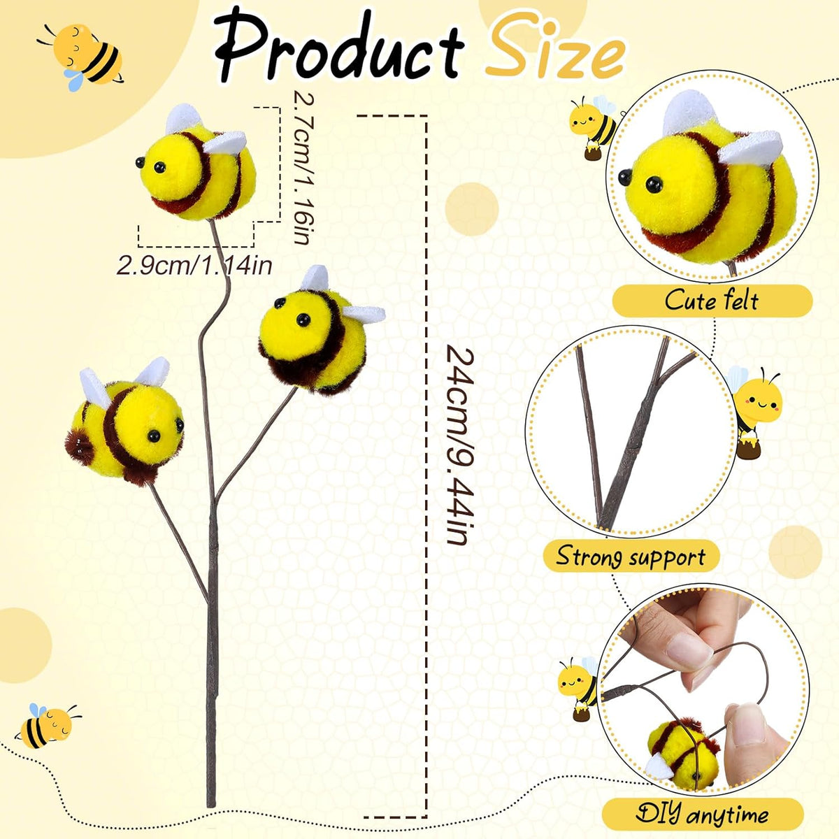 Suncalla 12 Pcs Felt Bee Stems - Adorable Honeybee Decorations for Baby Showers & Parties | Farmhouse Centerpieces