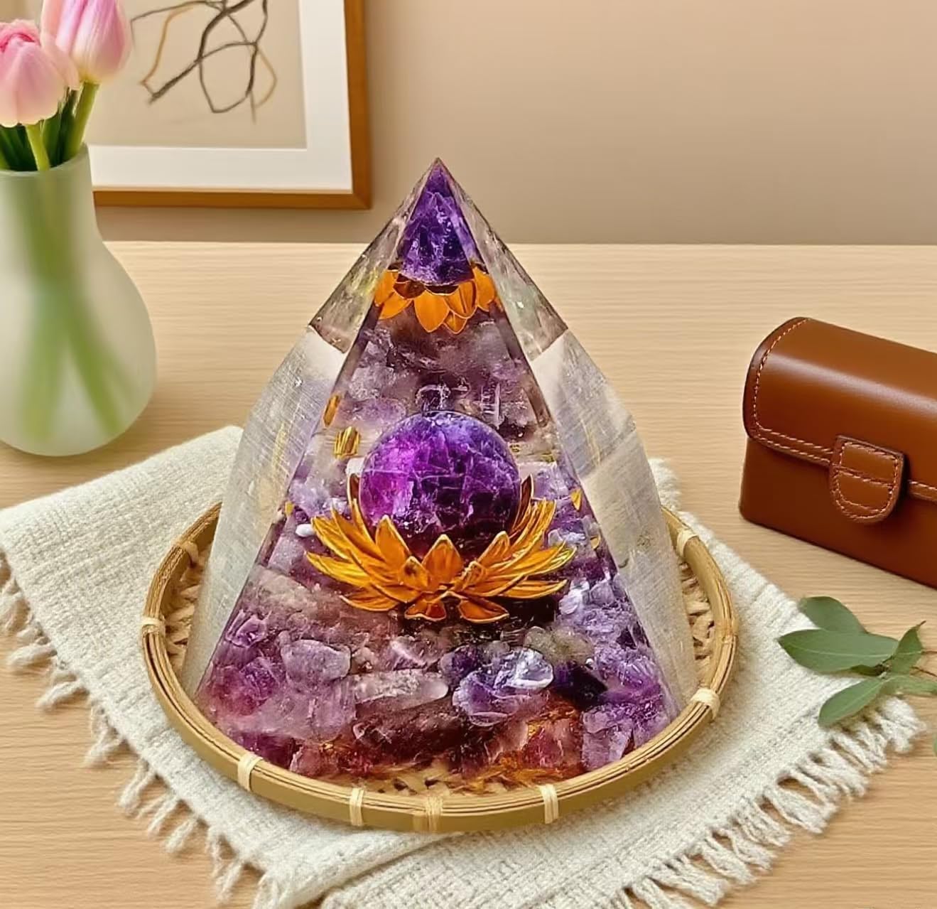 ycyingcheng Moonstone Crystal Orgone Pyramid Ogan Crystal Energy Tower, Nature Reiki Chakra Crushed Stone Jewelry, Crystal Pyramid for Home Decor (Lotus Base Amethyst)