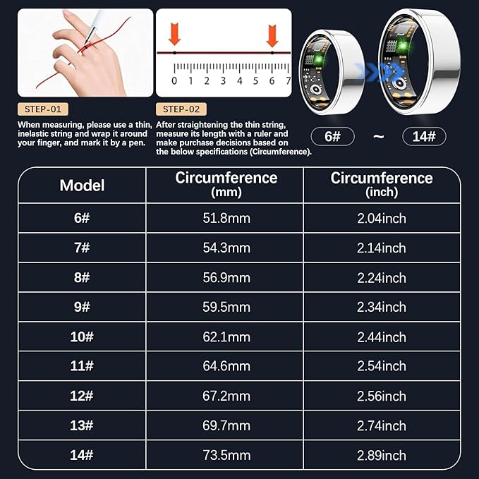 Ring Health Tracker for Women Men, Fit Ring with Heart Rate, Blood Oxygen, Sleep Monitor, Calories, Step Counter, IP68 Waterproof Smart Ring for iPhone & Android, No Subscription Fee (Silver, 6#)