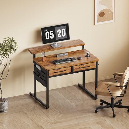 Maihail Small Desk with Drawers, 31.5X15.8-22.9 Inches Office Computer Desk with Side Pocket & Ergonomic Monitor Stand, Writing Table for Small Spaces, Bedroom, Kids Desk, Vanity Desk, Rustic Brown
