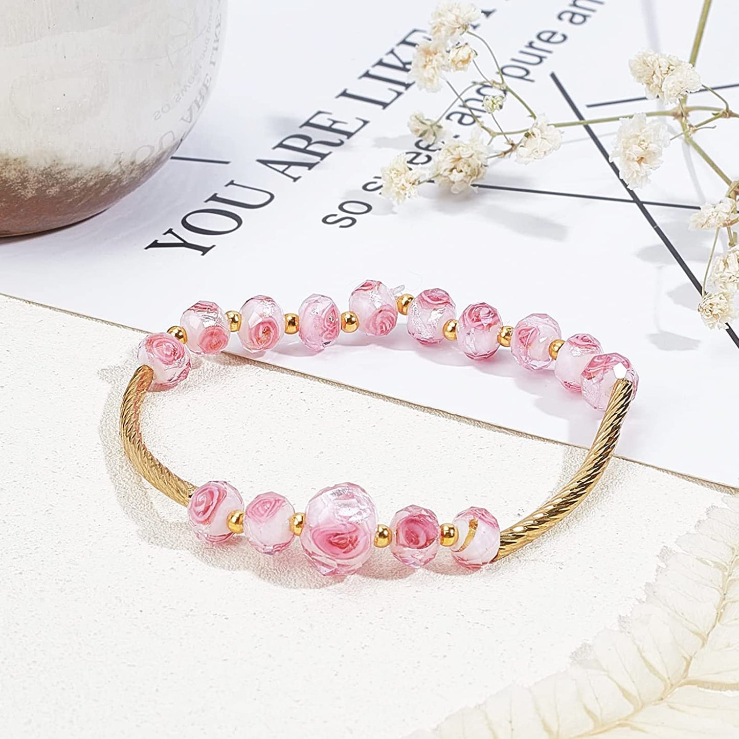 PH PandaHall 70pcs 6~8mm Rose Lampwork Beads Silver Foil Glass Beads Flower Glass Beads Floral Handmade Lampwork Beads Round Loose Beads for Rosary Making Jewelry Craft Making 2mm Hole - Sliver Pink