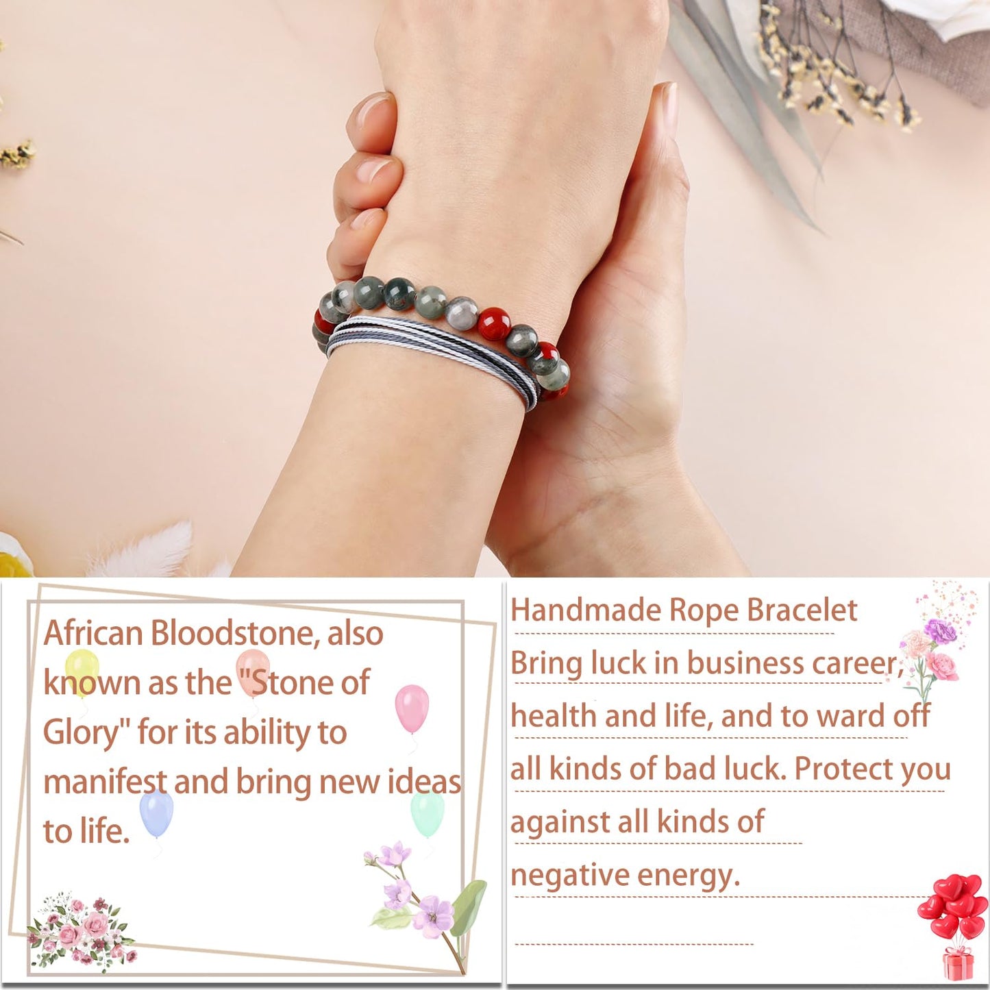 LPBeads 8mm African Bloodstone Bracelet with Handmade Rope Bracelet Size Adjustable Natural Stone Crystal Healing Bracelets Gifts for Unisex Adults