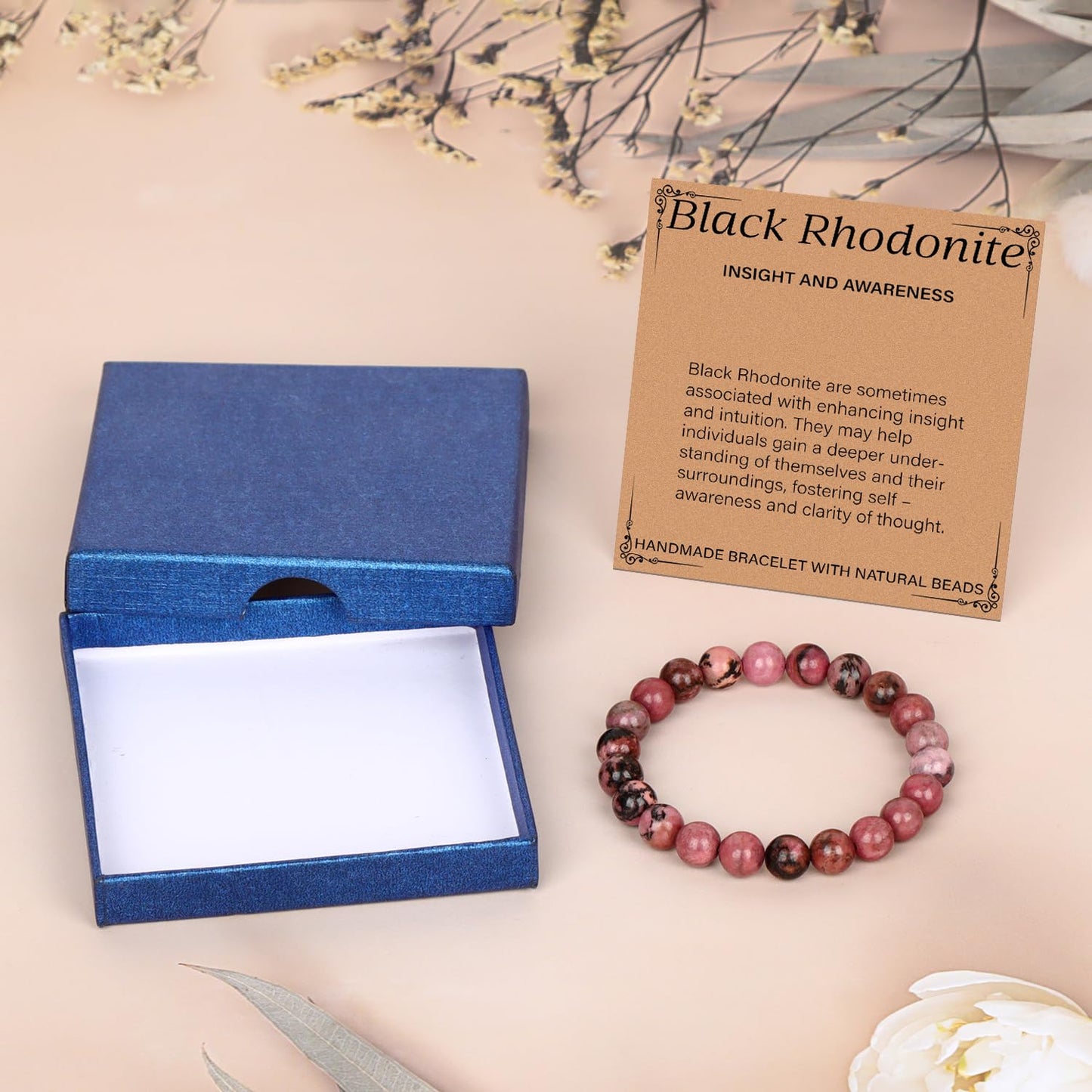 LPBeads Handmade Natural Gemstone Stretch Elastic 8mm Pink Black Rhodonite Bracelet Healing Crystal Round Stone Beads Jewelry Gifts for Women Men