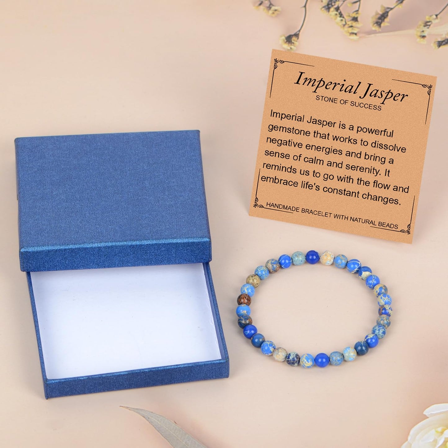 LPBeads Handmade Natural Gemstone Stretch Elastic 6mm Blue Imperial Jasper Bracelet Healing Crystal Round Stone Beads Jewelry Gifts for Women Men