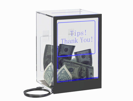 HEMYLU Tip Jar with 2 Sign Holders, LED Light & Lock for Bar & Party, Donation Box with Sign Holder ''Tips! Thank You!'', Suggestion Box with DIY Blank Sign Holder for Getting Cards, Voting & Ballots