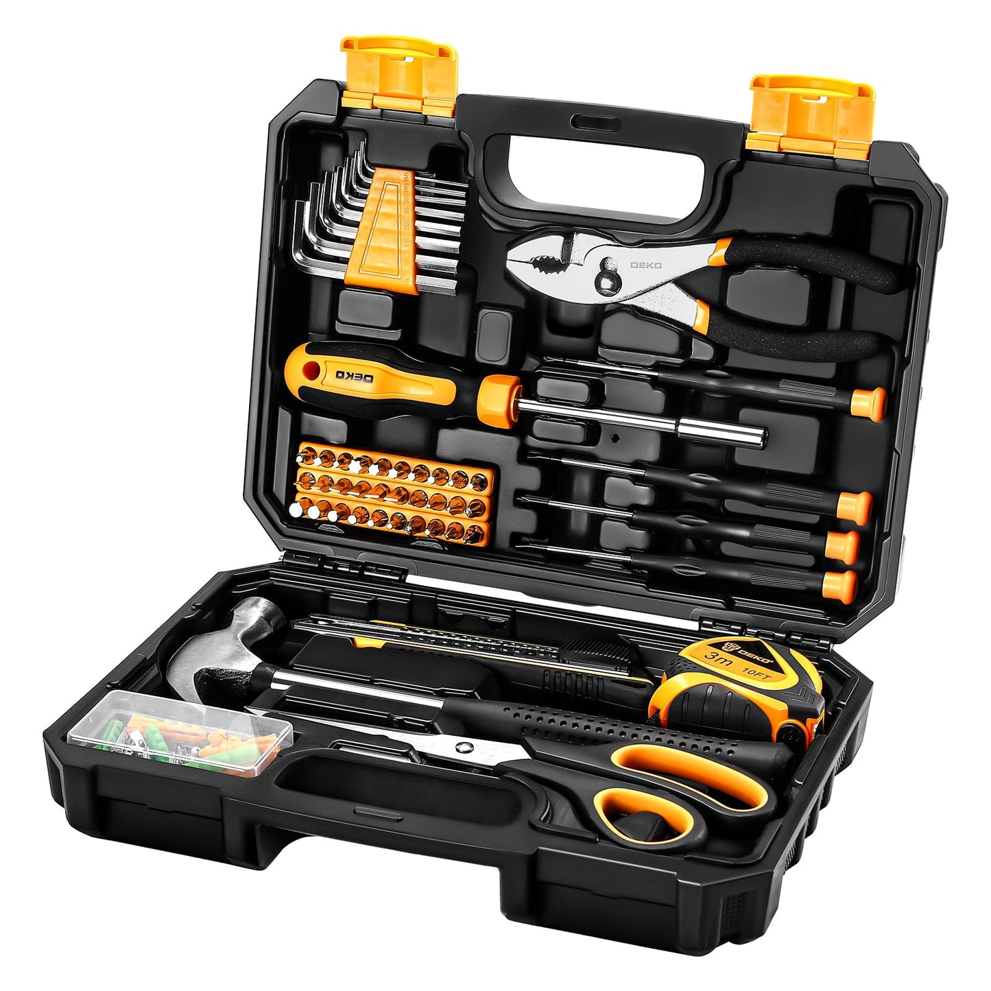 DEKOPRO General Household Hand Tool Kit with Plastic Toolbox Storage Case, All Purpose Home Tool Kit Includes Essential Tools for Office College Repairs, 50 Piece