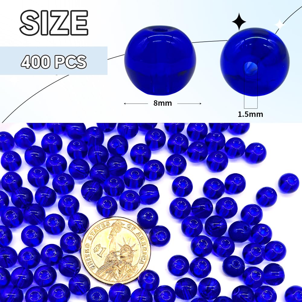 PAMIR TONG 400pcs 8mm Round Glass Beads for Bracelet Pretty Smooth Loose Beads for Necklace-Earring-Jewelry Making and DIY Crafts (Royal Blue)