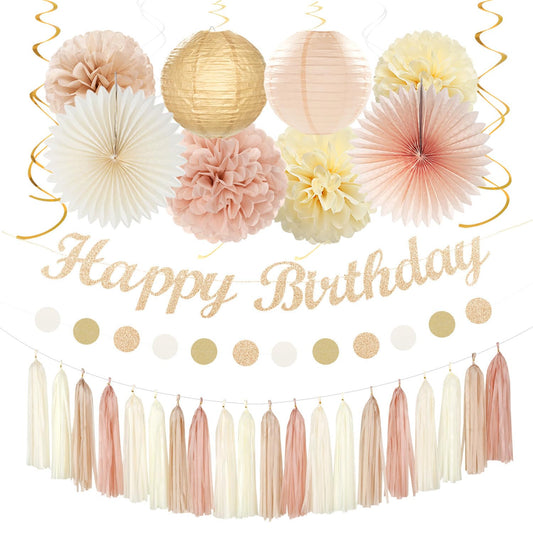 Champagne-Gold Beige 21st Happy-Birthday Party-Decorations - 31pcs Sweet 16 18th Women Girls Paper Lanterns Streamers Banner,Tissue Pom Poms Fans Tassels Graland Decor,Fall Boho Rose Backdrop Hugmoon