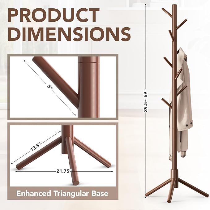 Hupmad Wooden Tree Coat Rack Stand,Sturdy Freestanding Coat Rack with 8 Hooks,3 Adjustable Height for Child Adult,Wood Coat Stand Tree Fits Entryway Bedroom Office for Bags,Hats