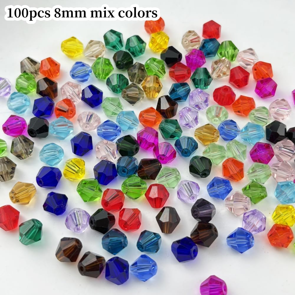 YUEXIGO 100pcs 8mm Bicone Glass Crystal Beads for Jewelry Making, Faceted Bicone Glass Spacer Beads for Bracelet Earring Necklace DIY Craft(Mix Color)