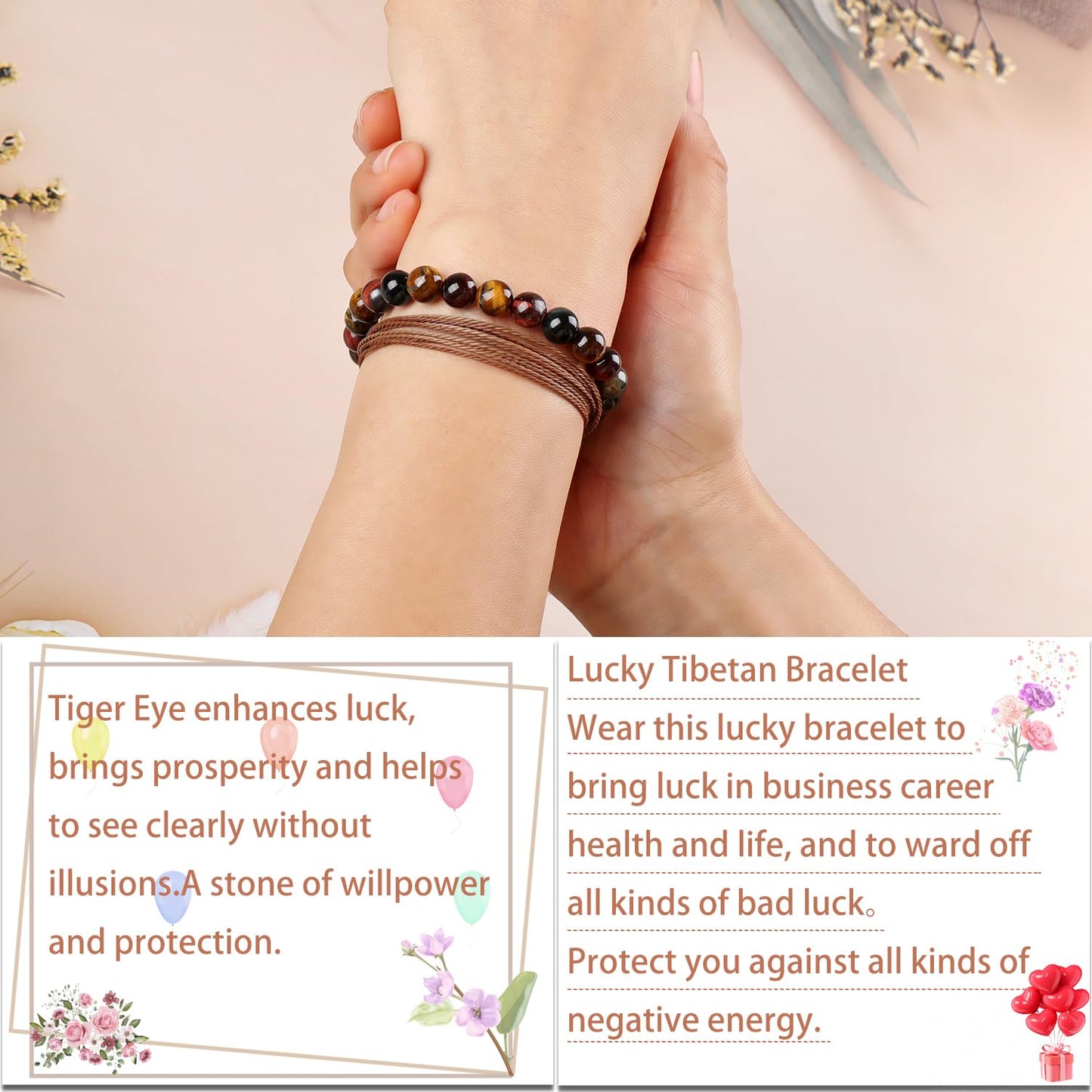 LPBeads 8mm Multicolor Tiger's Eye Bracelet with Handmade Rope Bracelet Size Adjustable Natural Stone Crystal Healing Bracelets Gifts for Unisex Adults