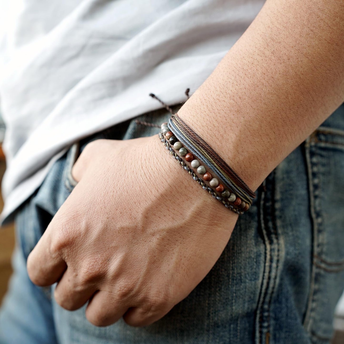 Handmade Natural Stone Beaded Healing Bracelet Gift for Men Adjustable Rope String Bracelet (Picture Jasper（Blue）, Adjustable)