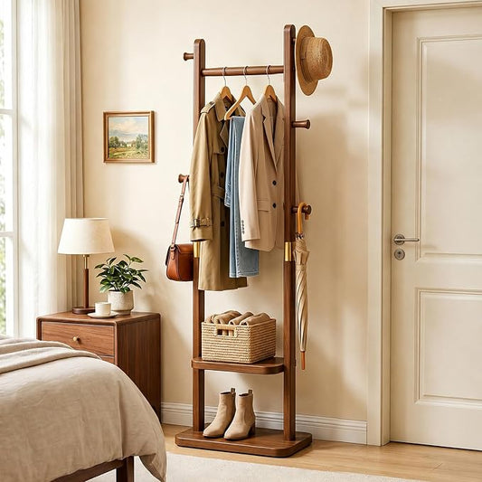 Taitiy Solid Wood Coat Rack, Freestanding Clothing Rack with 2 Shelves Storage & 5 Hooks, Heavy Duty Clothes Rack Stand for Hall, Bedroom, Living Room