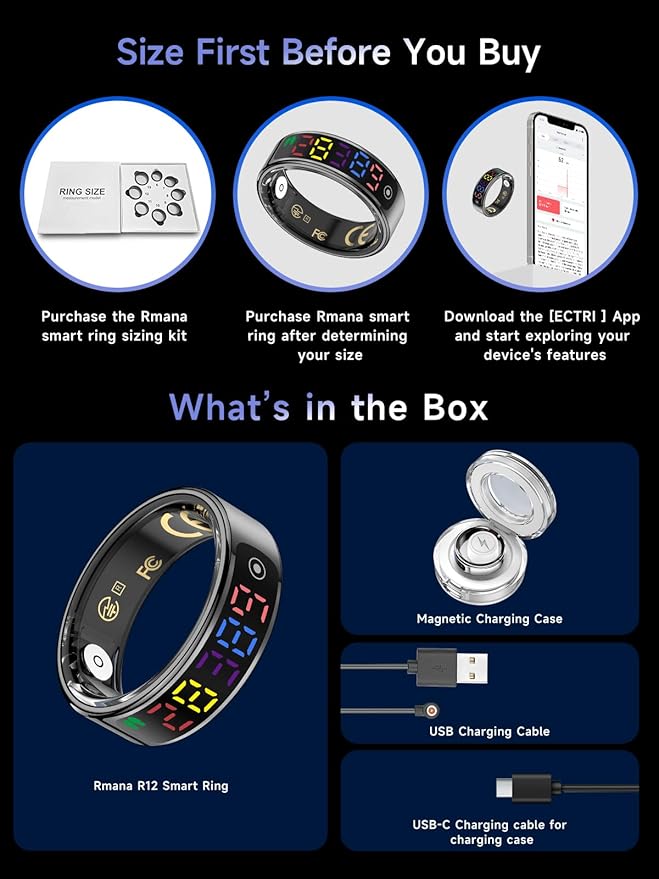Smart Ring for Women Men, Health Ring with Colorful Display, Fitness Tracker with Heart Rate, Blood Oxygen, Sleep Monitor, No Subscription Fee, 5ATM Waterproof for iPhone & Android (Silver, 12)