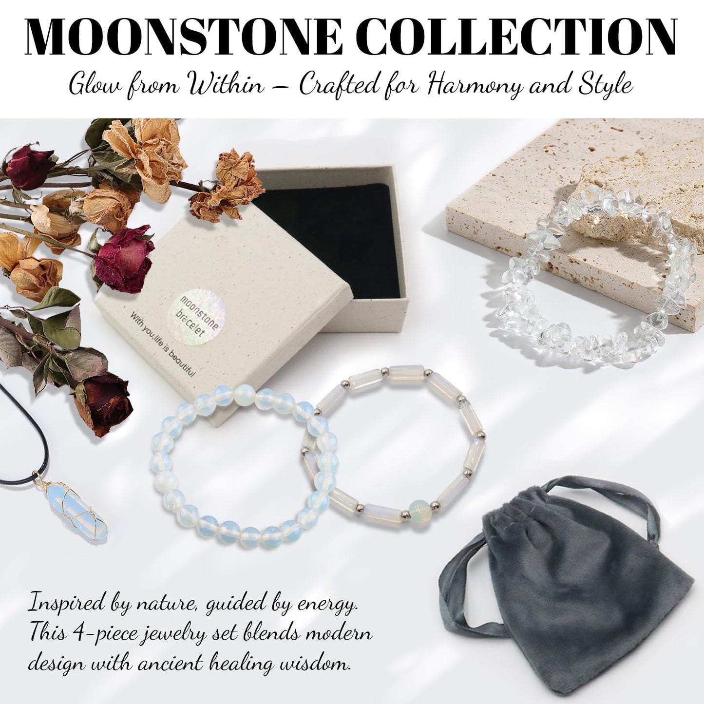 GRKZBKW 3Pcs Moonstone Bracelets and Moonstone Necklace for women – Healing Crystal Jewelry for Women, for Anxiety Relief, Stress, Emotional Balance