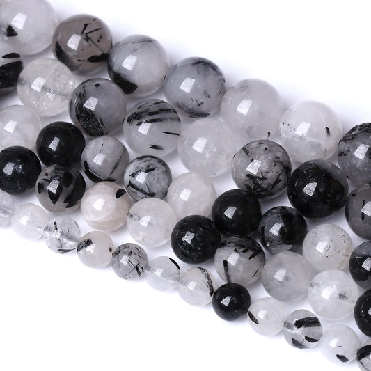 10MM 36PCS Natural Crystal Stone Black Rutile Quartz Gemstone 2A Grade Loose Beads for Jewelry Making DIY Bracelet Necklace Semi Precious Beads 1 Strand
