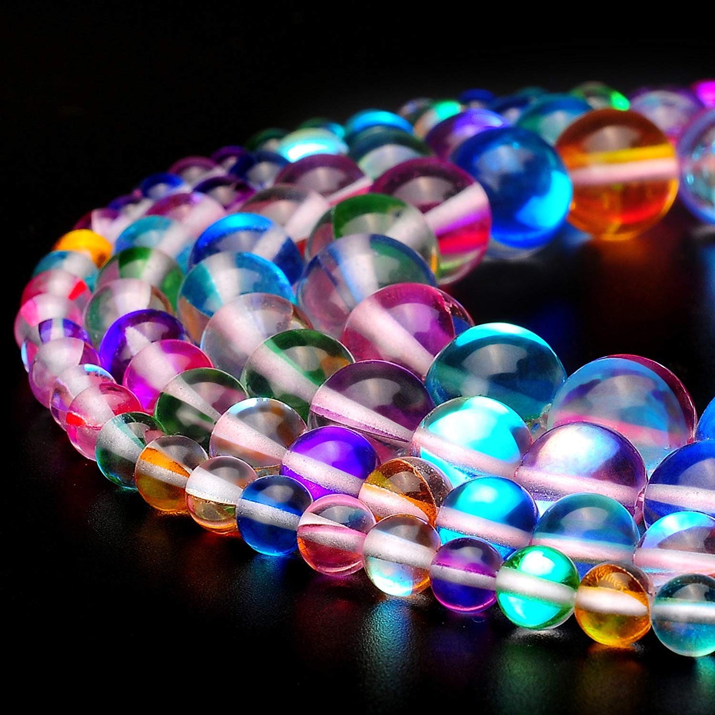 RUBYCA Round Moonstone Crystal Glass Beads Aura Iridescent for Jewelry Making (1 Strand, 10mm, Mix)
